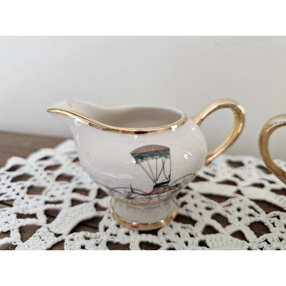 Small Vintage Kingwood China Creamer And Sugar Carriage Wagon Stagecoach Design